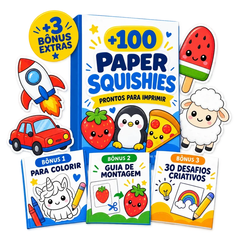 Visualização da coleção premium com mais de 100 moldes coloridos de Paper Squishy para imprimir e montar