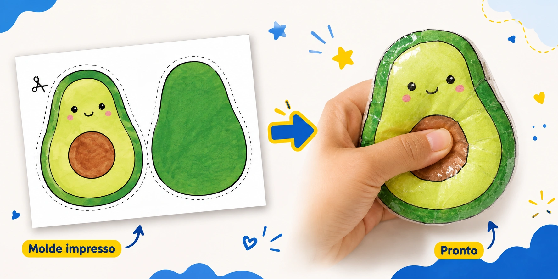 Mão segurando um brinquedo pronto, mostrando como fazer paper squishy passo a passo